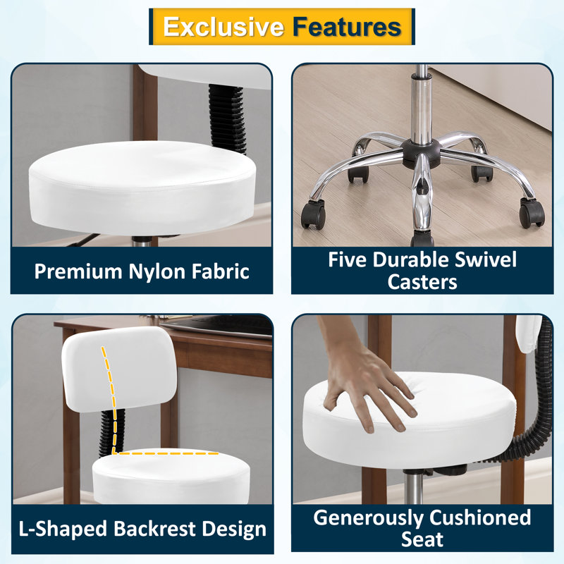 Darrett Adjustable Drafting Stool with Wheels and Backrest, Faux Leather desk stool, Space-Saving Rolling Stool, White