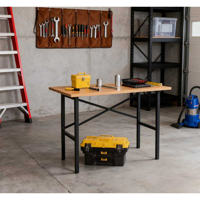 Table de garage avec support en X et plateau de table naturel