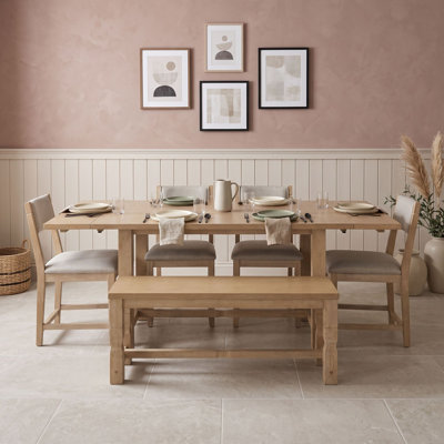 Ensemble de salle à manger extensible 6 pièces avec table rectangulaire, 2 rallonges amovibles, 4 chaises rembourrées et banc