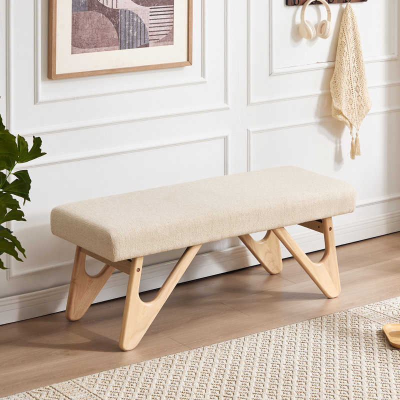 Banc rembourré en lin 48,8 po avec pieds en bois massif, Naturel