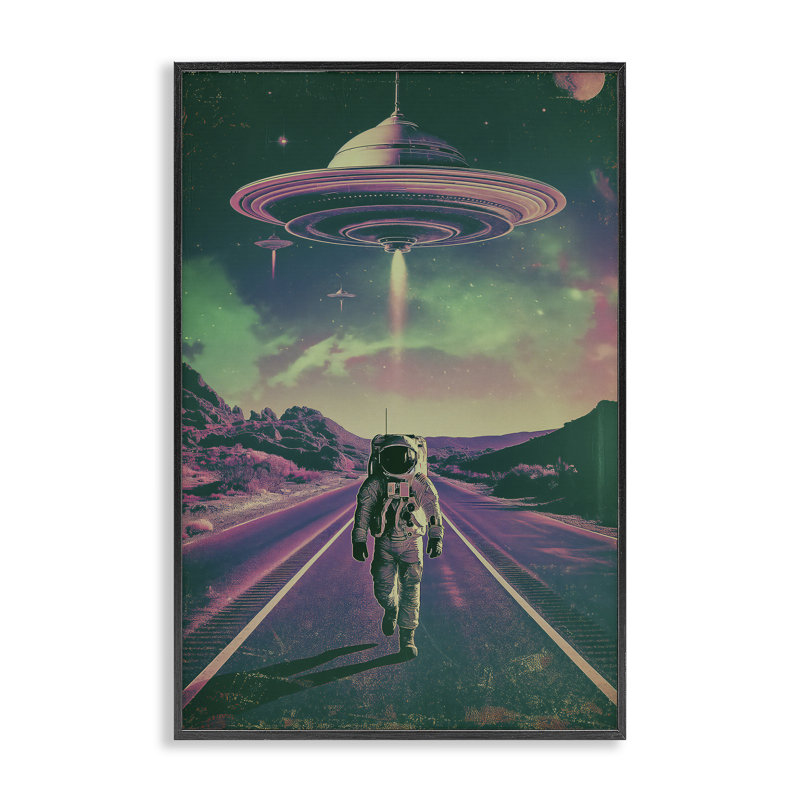 Astronaute avec un ovni aérien, estampe numérique, design par Wumples, H 18 po x l 12 po, Giclée encadrée noir minuit