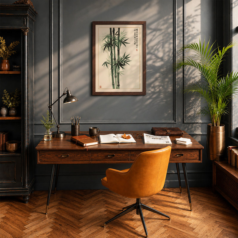 Bamboo Study Japandi - Framed Print, Walnut, A4 - 29.7 x 21.0 cm