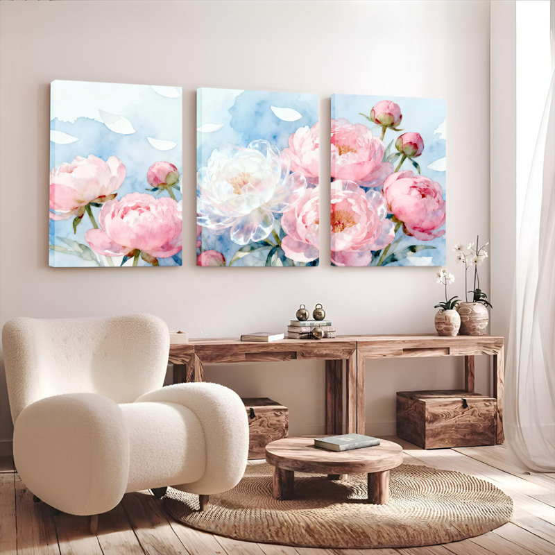 Tableau mural sur toile tendue à motif floral de pivoines aquarelles (paquet de 3), H 24 po x l 48 po