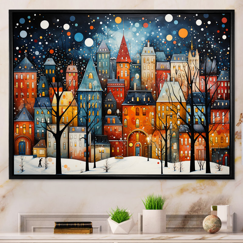 Orange orange Village Art déco - Art mural déco ville, Cadre flottant noir, H 16 po x l 32 po x P 1 po