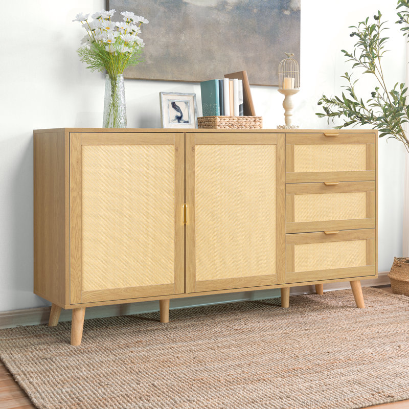 Rattan Sideboard Buffet Cabinet with 2 Doors, 3 Drawers, and Storage for Living, Dining, or Kitchen