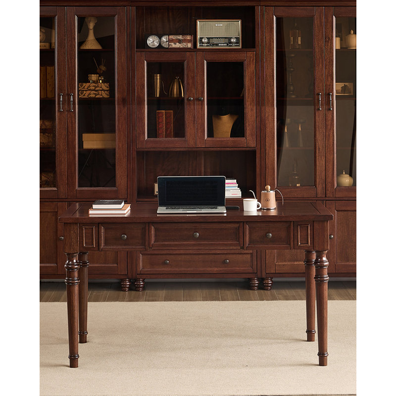 Élégant bureau en bois de noyer avec 3 tiroirs et détails sculptés, H 30,7 po x l 55,1 po x P 30,7 po