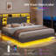 Upholstered Bookcase Floating Storage Bed with Charging Station and RGB LED Lights-1460029144