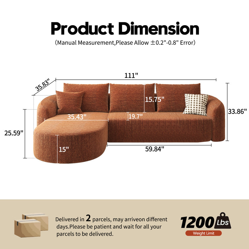 Canapé modulaire incurvé modulaire Boneless, Orienté à gauche (vu de face), H 33,86 po x l 111 po x P 72 po, Orange