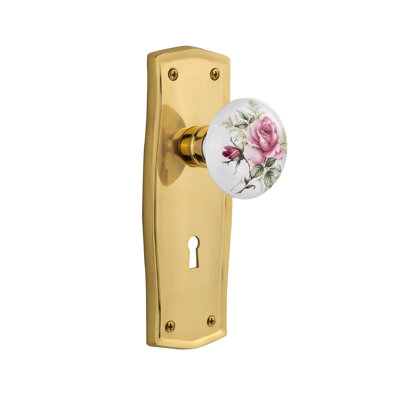 White Rose Porcelain Interior Mortise Door Knob with Prairie Long Plate