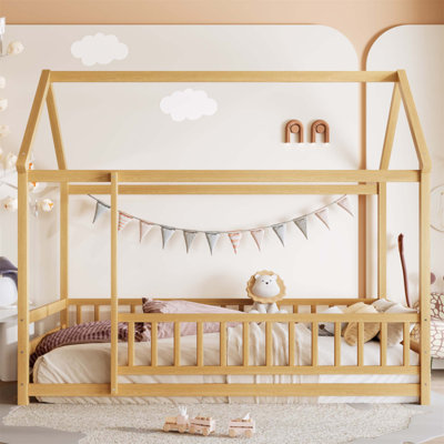 Floor Wooden Bed With House Roof Frame And Fence Guardrails, Perfect For Kids' Rooms And Safe Sleep