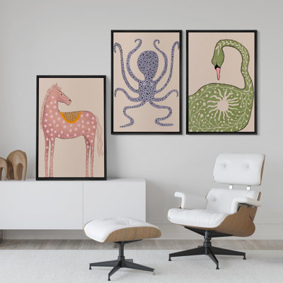 Cheval, poulpe, cygne, œuvre d'art abstraite, chic et moderne, impression sur toile encadrée