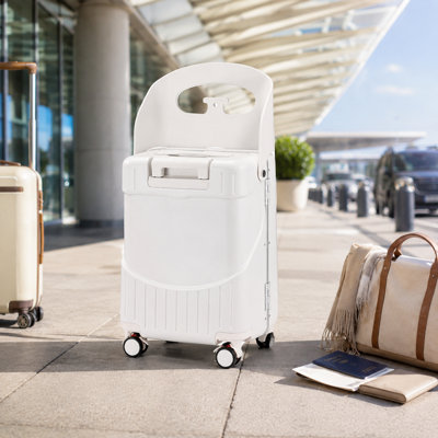 20-Inch White Ride-On Kids Luggage with Seat and Aluminum Frame, 2-in-1 Rolling Suitcase Perfect as Back-to-School Gift for Students