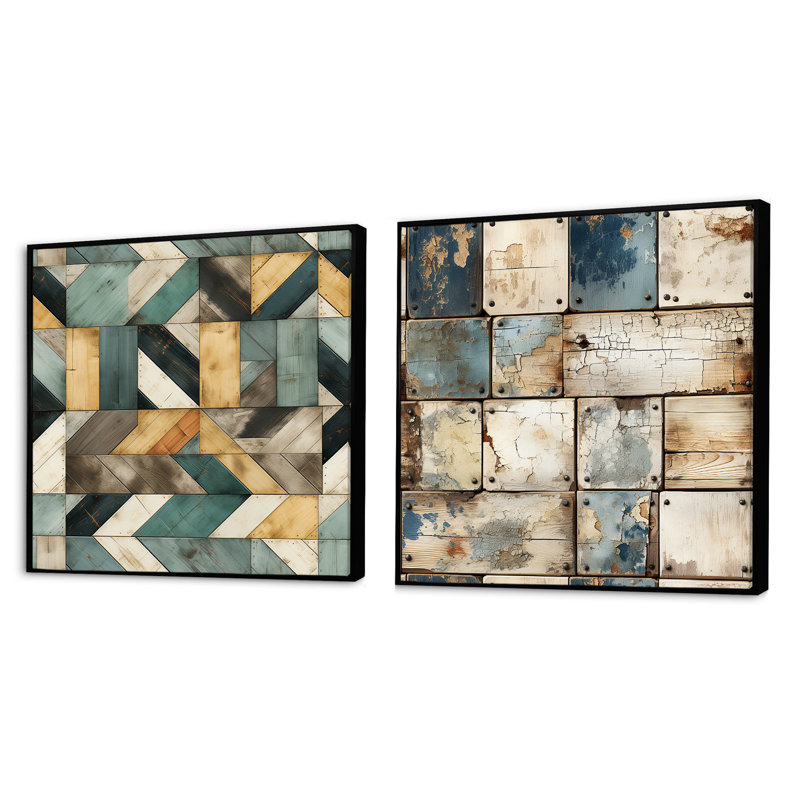 Planche cubique jaune et bleu rustique - Ensemble de 2 collages abstraits carrés, Cadre flottant noir, H 16 po x l 33 po