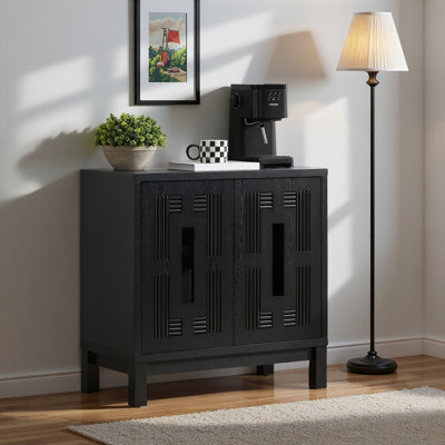 Buffet 31,5 pouces avec armoire Mid-Century avec portes sculptées ajourées, tablette réglable et port pour câbles - Vitrine pour cuisine, salle à manger, salon, entrée, couloir