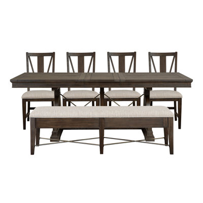 Extendable Trestle Dining Table With 4 Side Chairs And Upholstered Bench