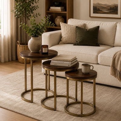 Mandal Modern Handcrafted Solid Wood Nesting Table with Metal Base