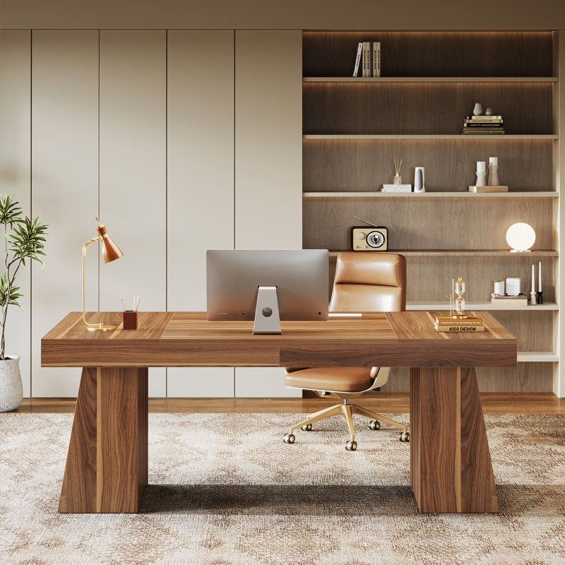 55" Modern Executive Desk, Wooden Office Computer Desk Conference Table with Double Pedestal for Home Office, Brown