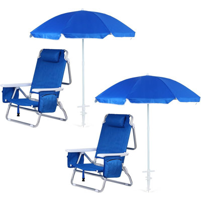 Folding Beach Chair with Built-In Cooler, Umbrella, and Cup Holder, for Outdoor Use (Blue)
