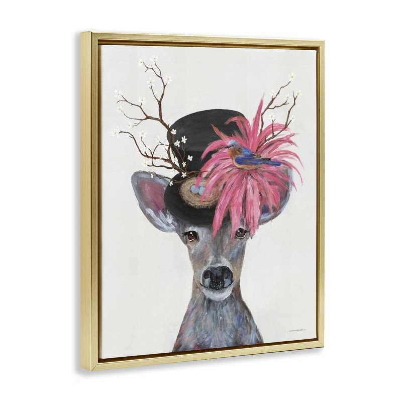 Art mural sur toile, "Deer with Vintage Hat" par Kamdon Kreations, Cadre flottant métallique doré