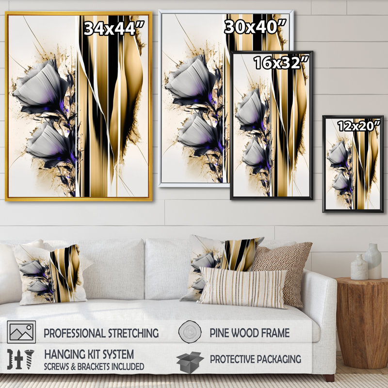 Fleur mauve sur une peinture abstraite I - Peinture sur toile, H 40 po x l 30 po x P 1,5 po, Toile avec cadre flottant noir