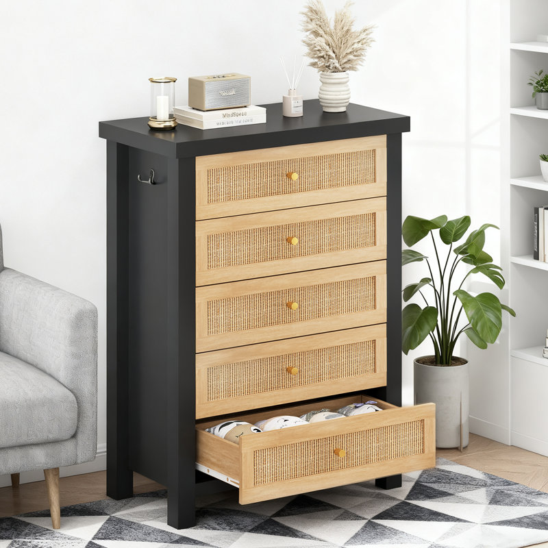 Boho 5-Drawer Rattan Dresser – Black & Natural Woven Chest Of Drawers With Anti-Tip Design For Bedroom, Black/Natural
