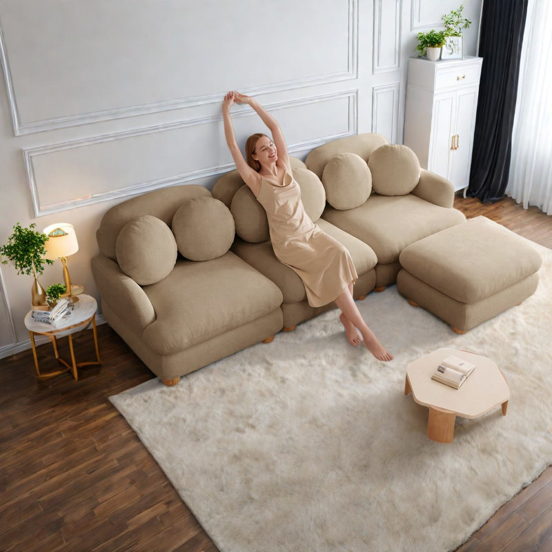 Canapés d'angle à compression, grand canapé modulaire en chenille, salon moderne, Beige 2