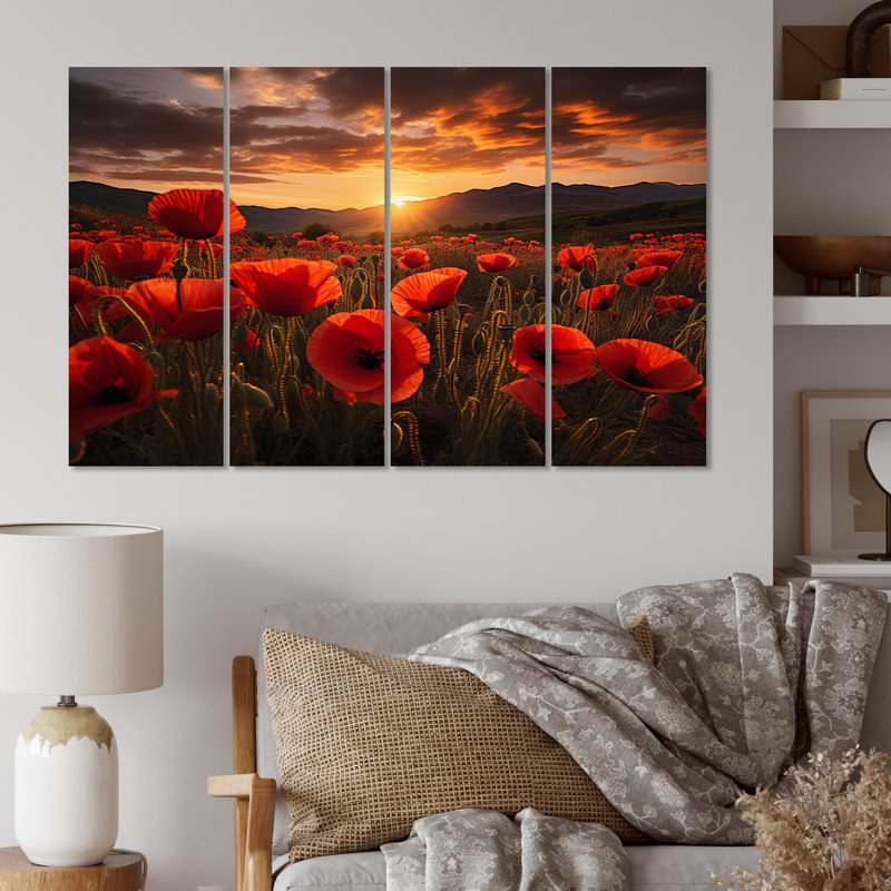 Champ de coquelicots avec coucher de soleil sur toile, reproduction de 4 pièces