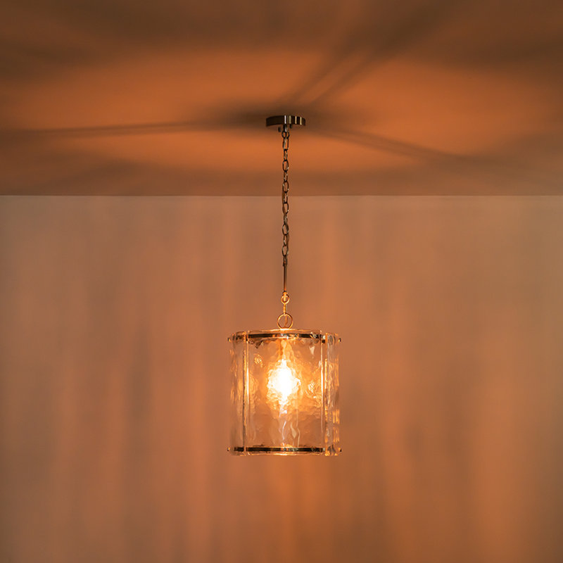 1-Light Handcrafted Textured Water-Glass Cylinder Pendant, Brushed Nickel