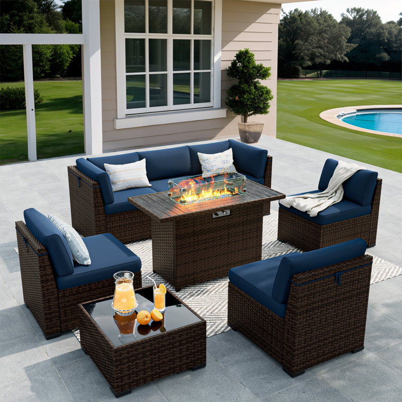 Treyshun Wicker 6-Person Sectional Conversation Sets with Cushions, Navy, Yes