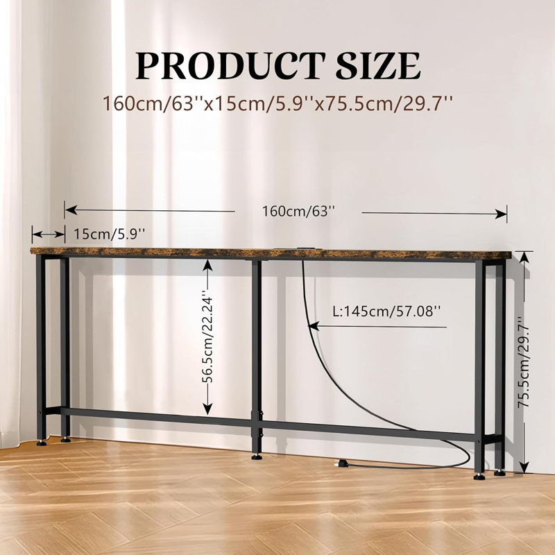 63" Narrow Console Sofa Table with Built-in Power Strip (2 AC Outlets & 2 USB Ports)