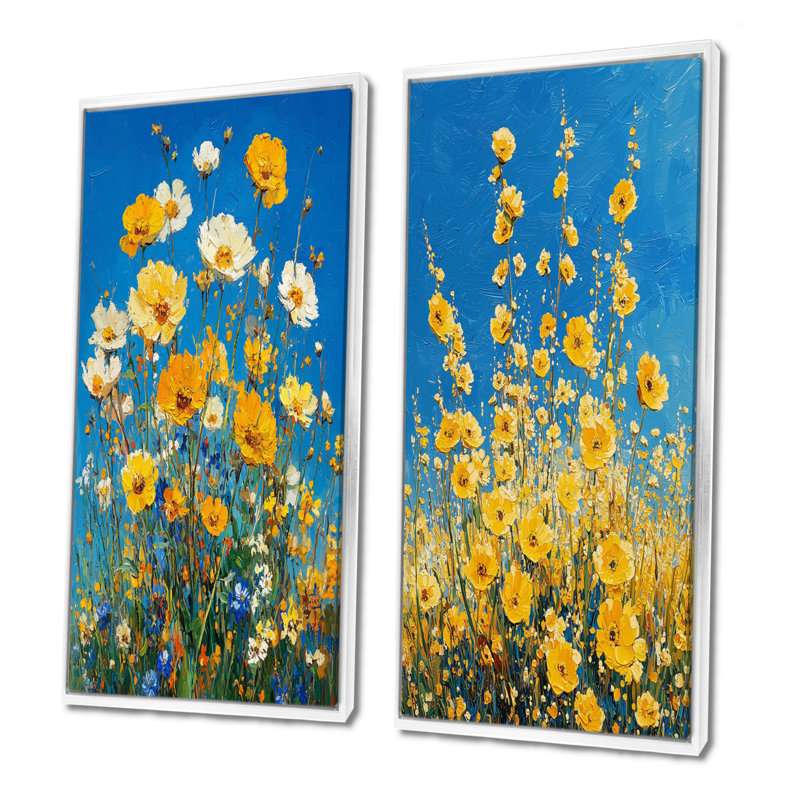«Yellow Daylight Joy Wildflowers I» - Collection d'art mural floral 2 panneaux, H 40 po x l 41 po, Cadre flottant blanc