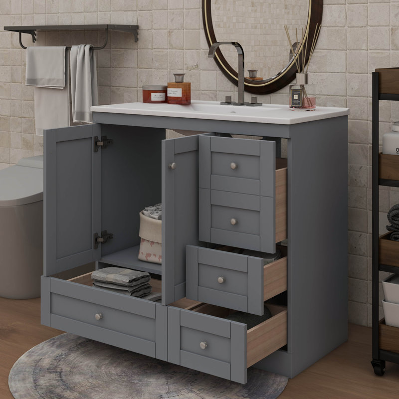 Meuble-lavabo 36 po avec lavabo en céramique et armoire de rangement à tiroir, Gris
