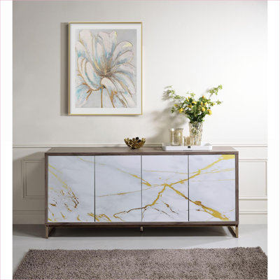 Armoires | Console avec 4 compartiments, peinture marbrée blanc cassé, chêne et amp; Finition champagne, structure en métal | Contemporain | Salon