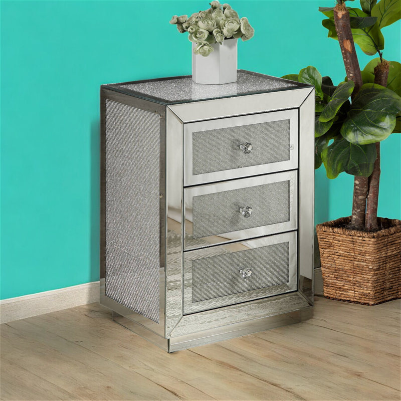 Table d'appoint à miroir Ravine avec incrustation de faux diamants - Élégante table à 3 tiroirs pour le salon et la chambre à coucher