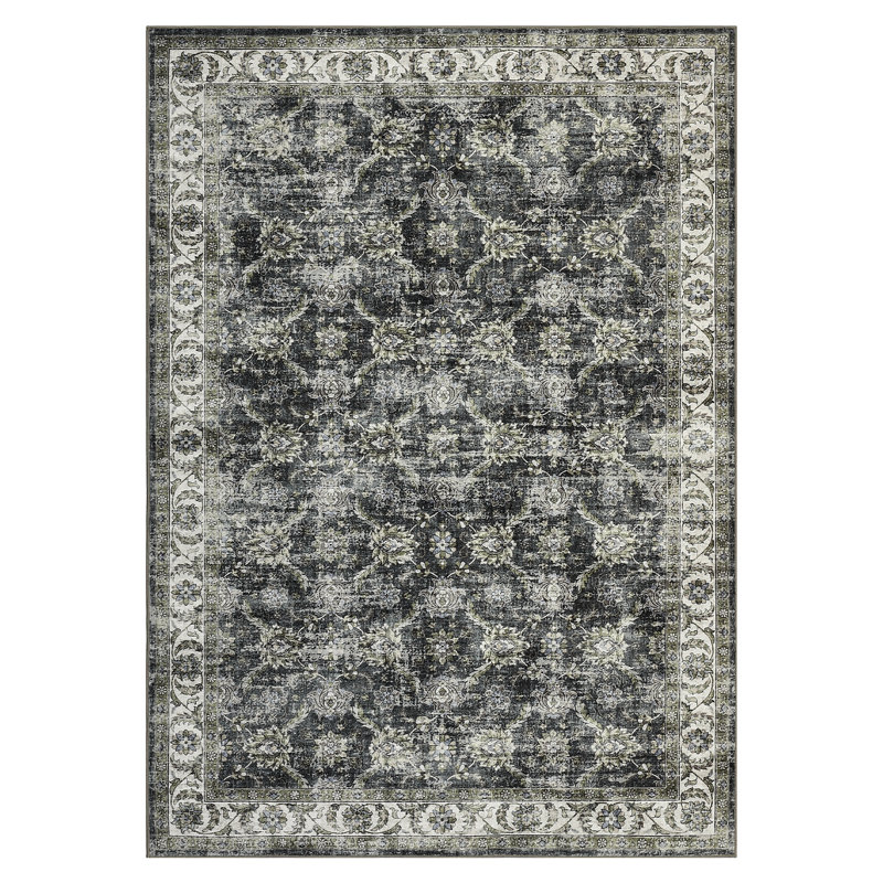 Vintage Area Rugs Floral Print Floor Carpet with Non-Slip Backing Oriental Distressed Indoor Mat Stain-Resistant Low Pile Accent Rug for Bedroom Kitchen Laundry