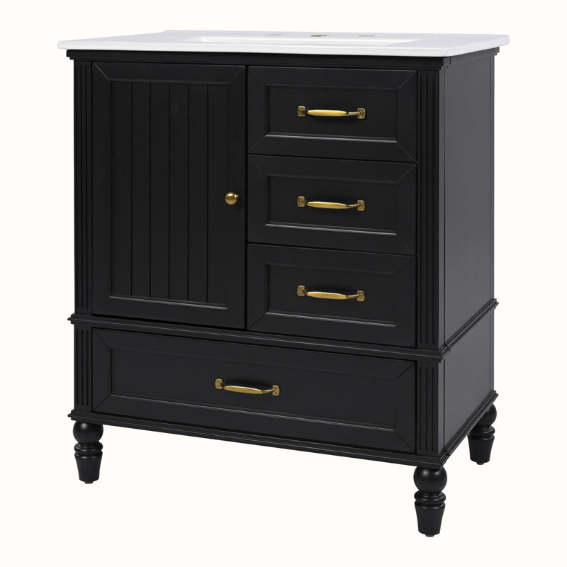 Meuble-lavabo avec lavabo et armoire avec tiroirs, Noir, noir, noir, noir, Doré