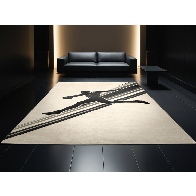 Machine Washable Paxton Handball Action Modern & Contemporary Rug in Beige – Black Binding, 7x9