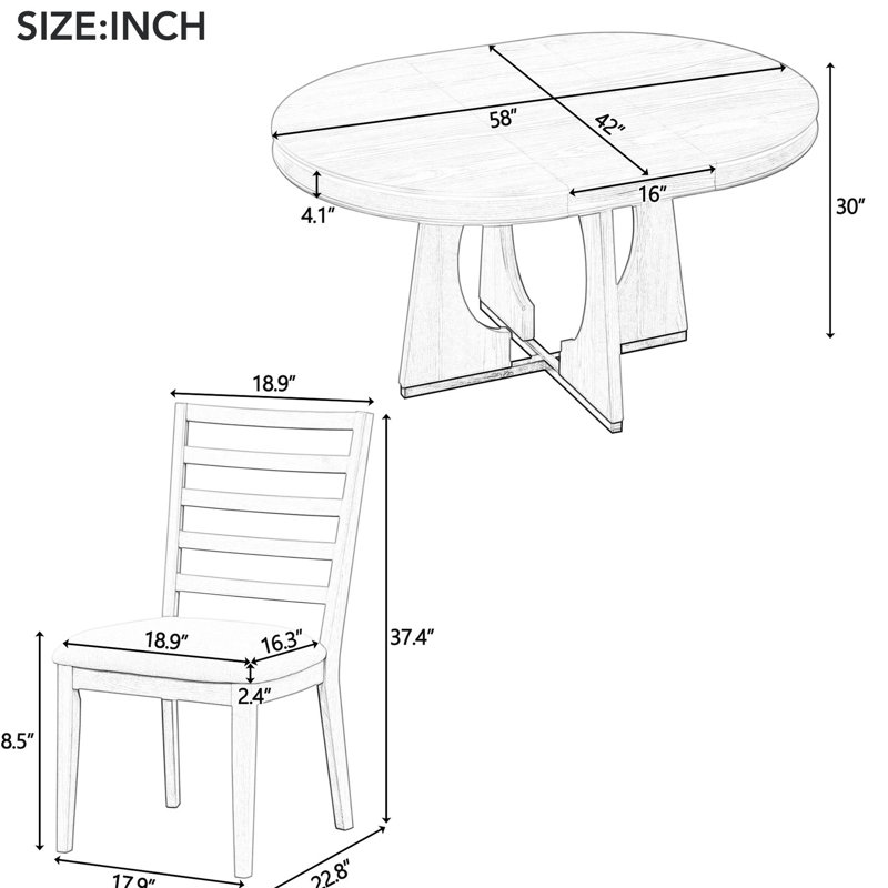 Table de salle à manger à finition naturelle avec table extensible et chaises de soutien