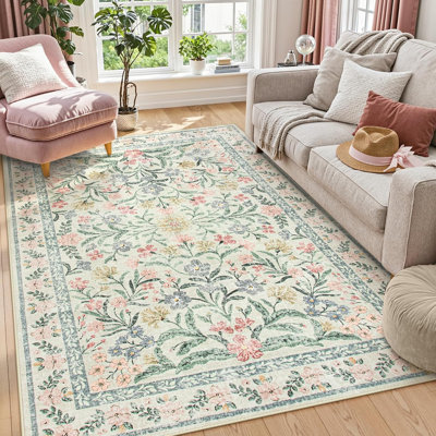 Kaldi Oriental Botanical Floral Machine Washable Area Rug with Non-Slip Backing for Living Room, Dining Room, Bedroom
