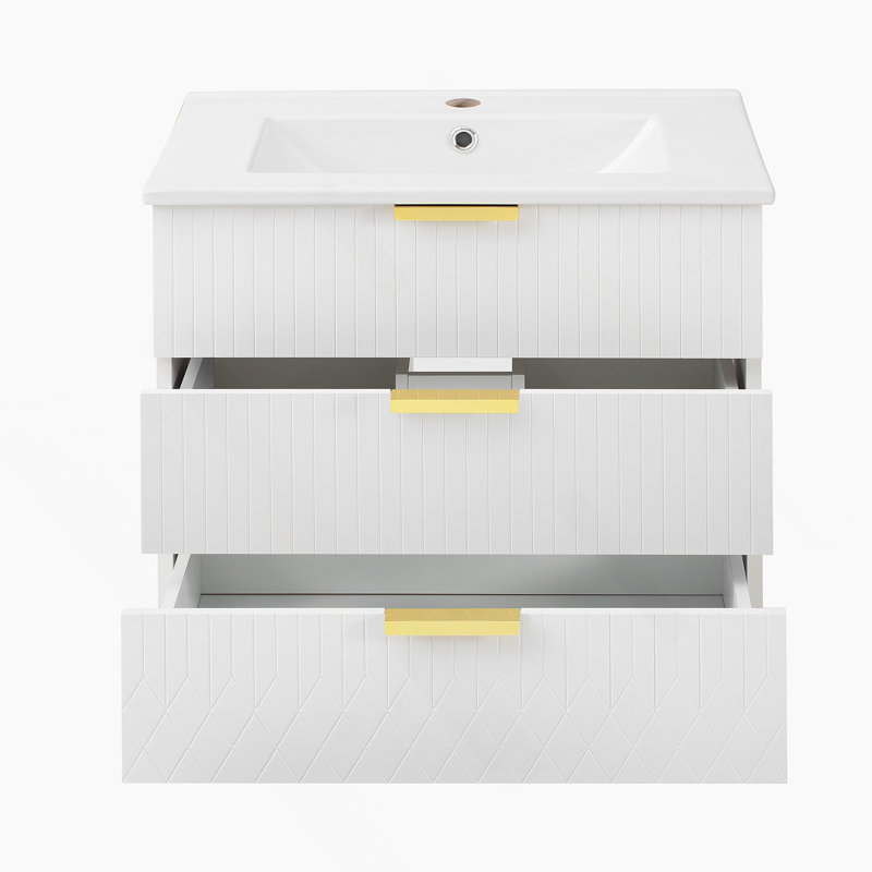Armoire murale suspendue 24 po avec tiroir double, petit lavabo de salle de bain rectangulaire flottant avec trou de robinet simple et trop-plein, armoire de salle de bain moderne avec lavabo en céramique