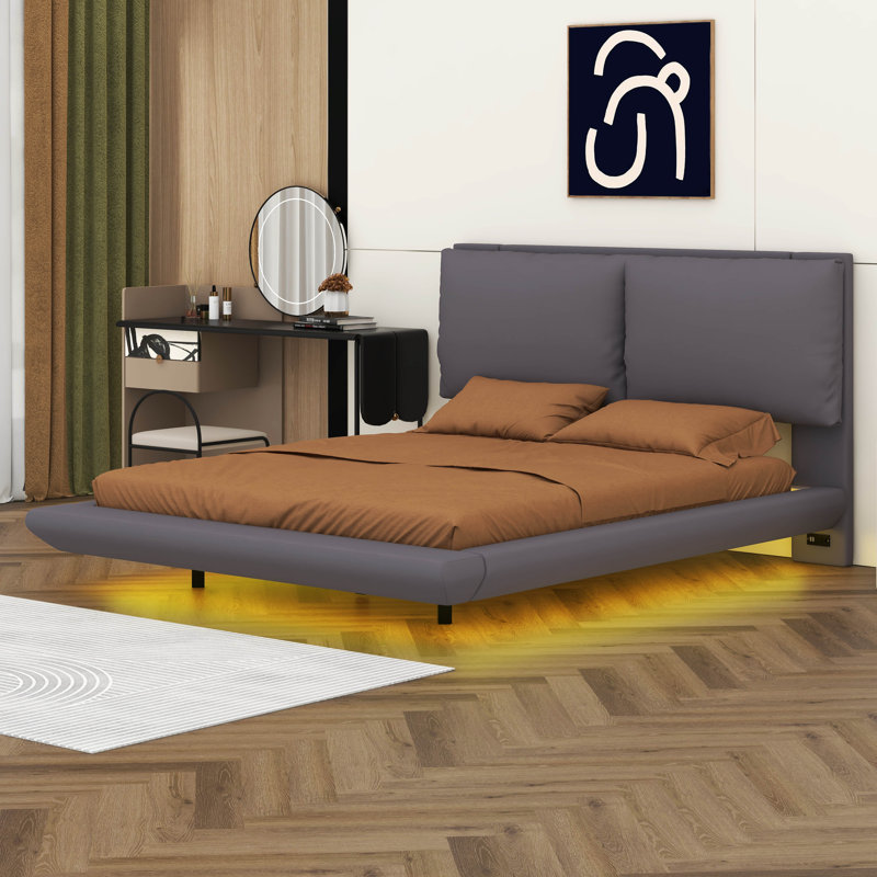 Cymon Full Size Upholstered Platform Bed with Sensor Light, Beige, Queen