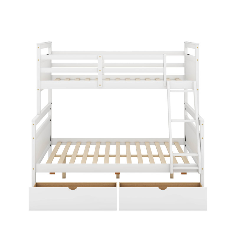 Lit simple superposé au dessus d'un lit double avec deux tiroirs de rangement, Blanc