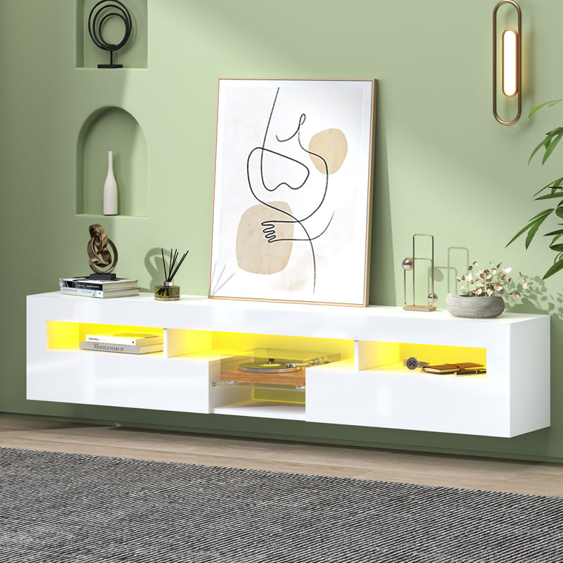 LED Floating TV Stand For 65 Inch TV, Modern High Glossy Wall Mounted TV Cabinet For Living Room, Bedroom, White