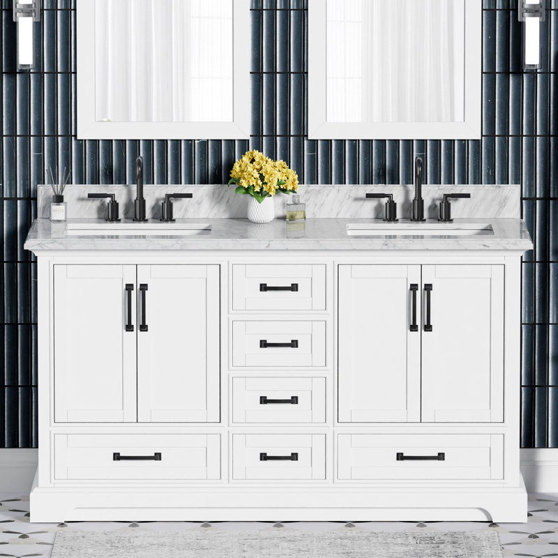 Meuble-lavabo double 60 po avec plateau en marbre de Carrare Rhoda, pré-assemblé