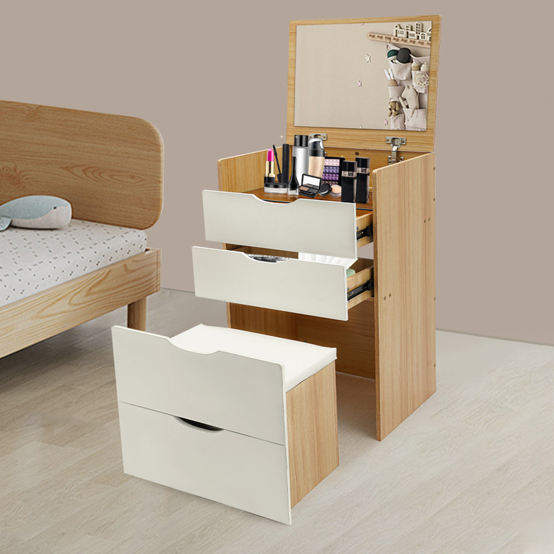 Makeup Vanity Table Set Vanity Desk Bedside Table Storage Cabinet With Mirror, 3 Drawers, Stool, Log/White