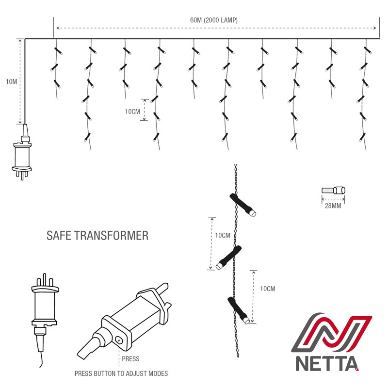 NETTA Icicle Fairy Christmas Lights - 2000 LED / 60M Lit-Length, Warm White