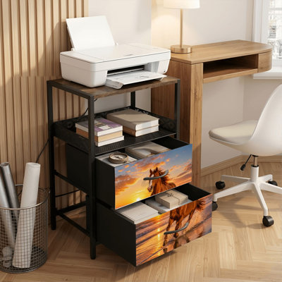 Table de chevet 2 tiroirs avec station de charge, table de chevet pour chambre à coucher avec ports USB, tablette ouverte noire, table de chevet avec imprimé cheval de course majestueux