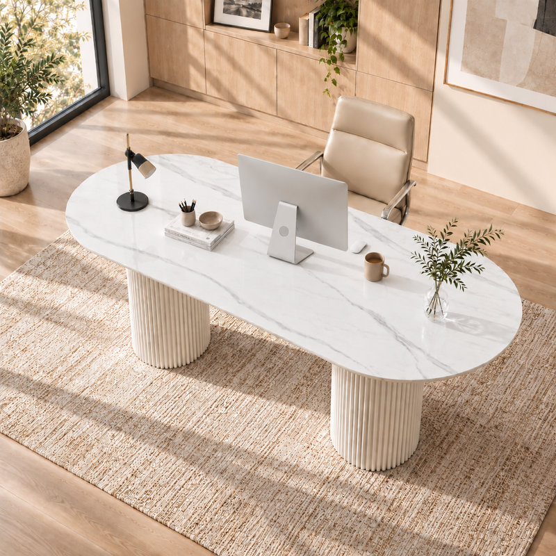 70.87" Large Home Office Desk with Faux Marble Top, Fluted Double Pedestal Base, Modern Executive Computer Desk, White