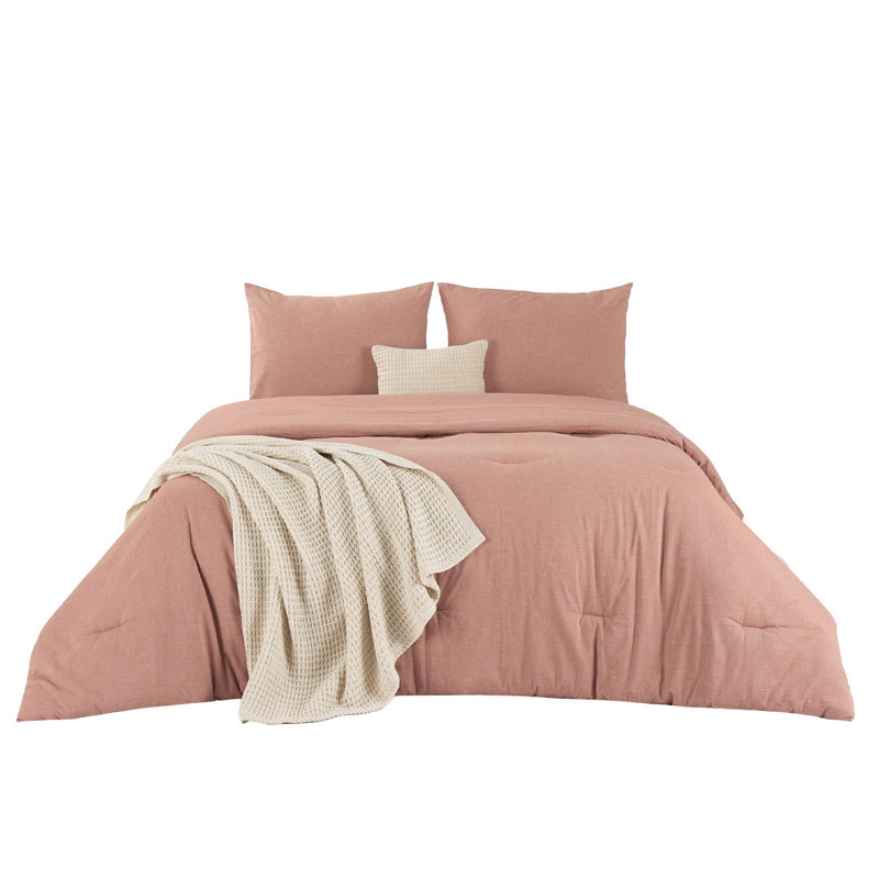 Bedsure Cotton Comforter with Throw Waffle Blanket and Decorative Pillow,Bedding Comforter Sets, Pink Clay