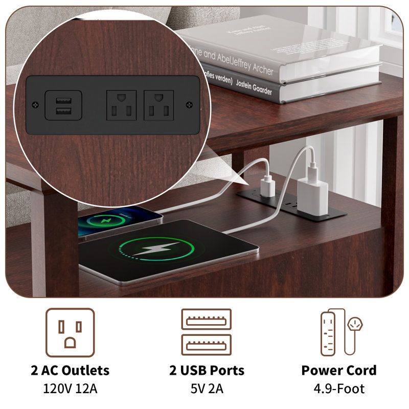 2-Drawer Farmhouse End Table With Built-In Outlets, Brown